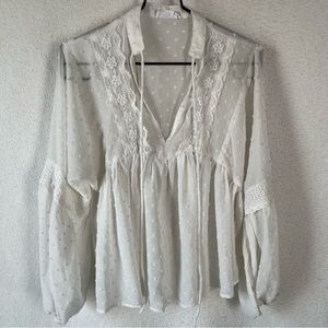 Sage The Label Sheer Peasant Blouse XS White Boxy Flowy Oversized Balloon Sleeve